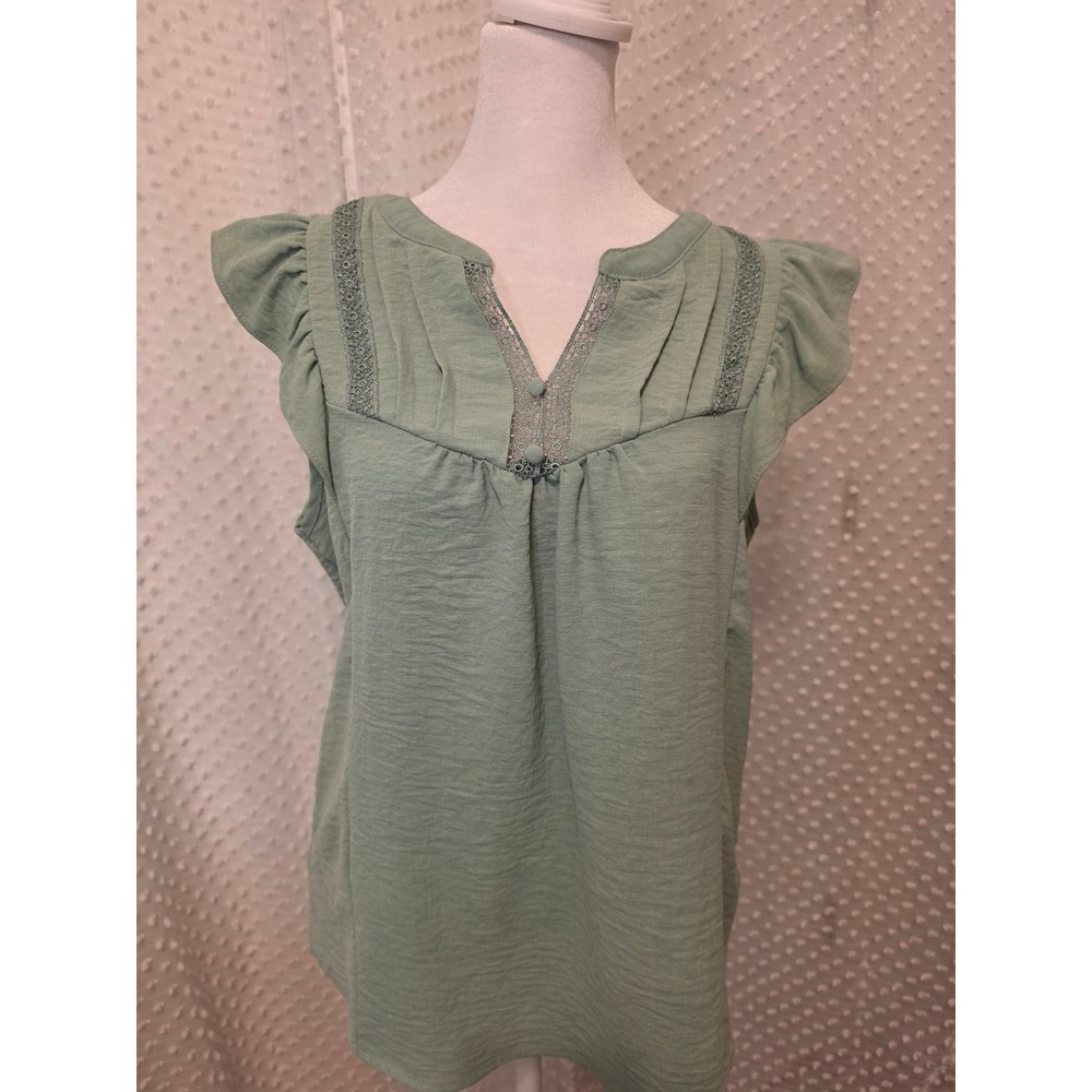 Tamara H. Sage Green Flutter Sleeve Blouse Lace Trim Split Neck Top Womens‎ Med